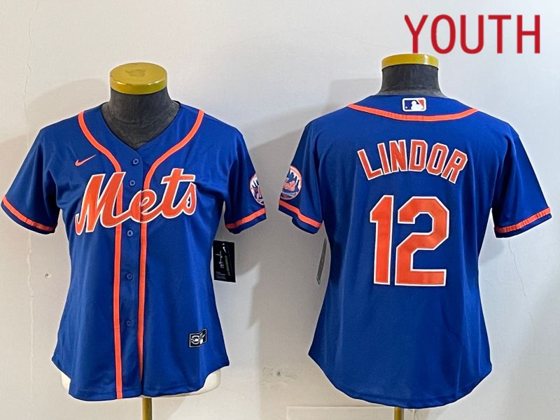 Youth New York Mets #12 Lindor Blue Game 2024 Nike MLB Jersey style 12181->women mlb jersey->Women Jersey